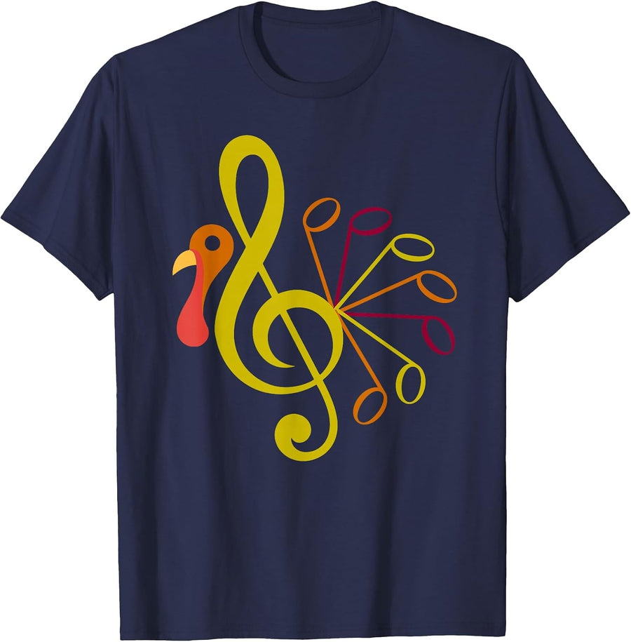 Music Note Symbol Turkey Teacher Fall Thanksgiving Autumn T-Shirt - Navy Blue