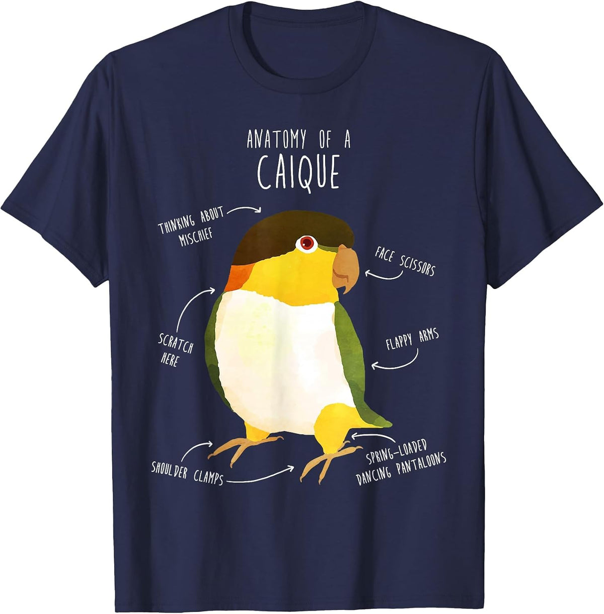 Anatomy of a Black-Headed Caique, Cute Funny Pet Bird Parrot T-Shirt - Navy Blue