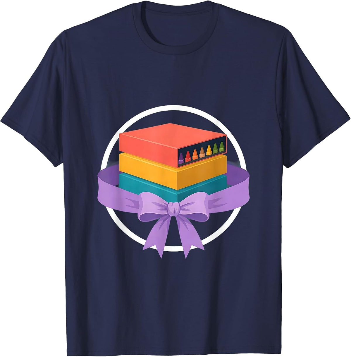 Men's 2nd Grade Teacher Crayon Boxes Ribbon Illustration T-Shirt - Navy Blue