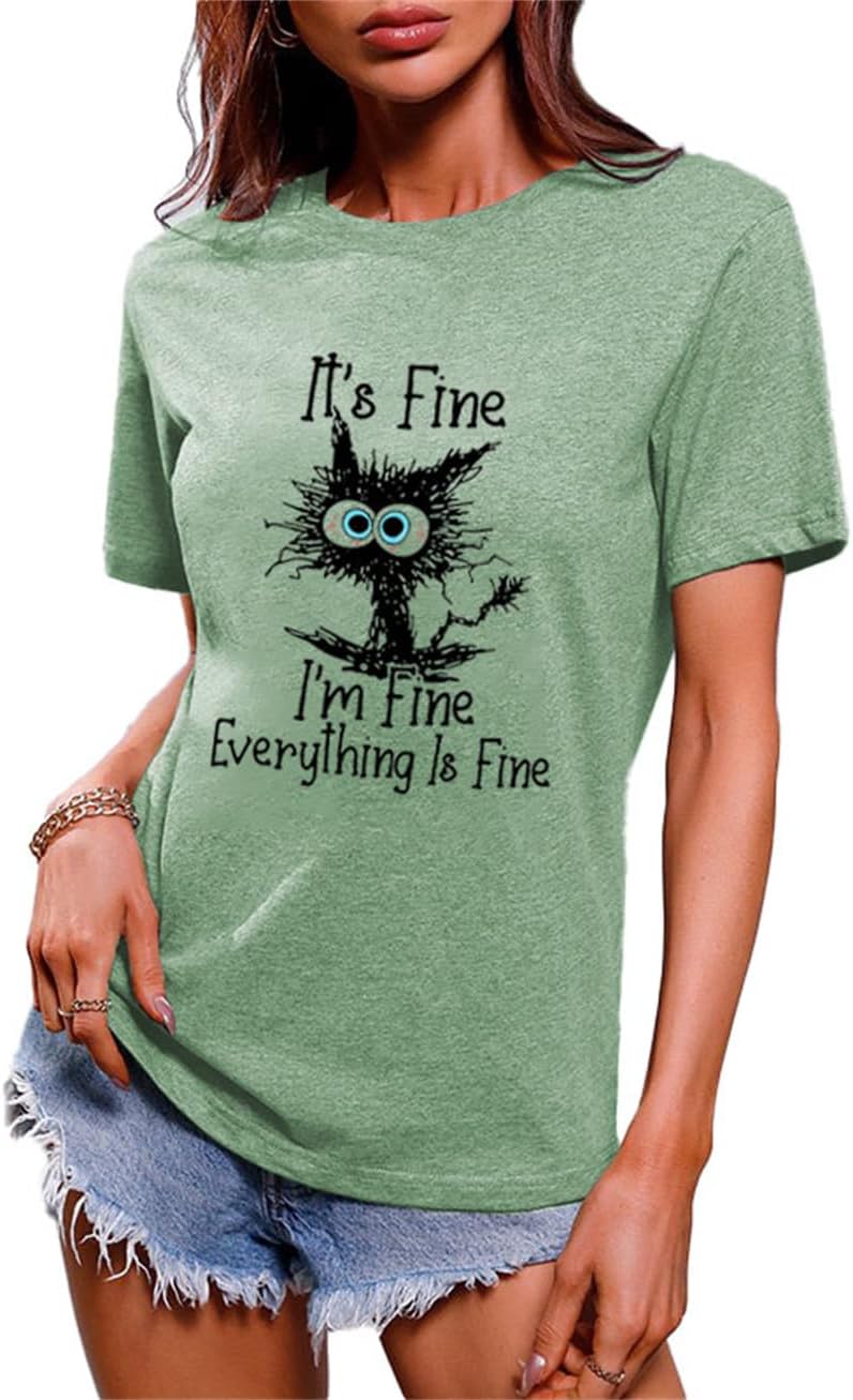 Women Cute Cat Shirt Everything is Fine Graphic Tees Short Sleeve Tops - Olive Green