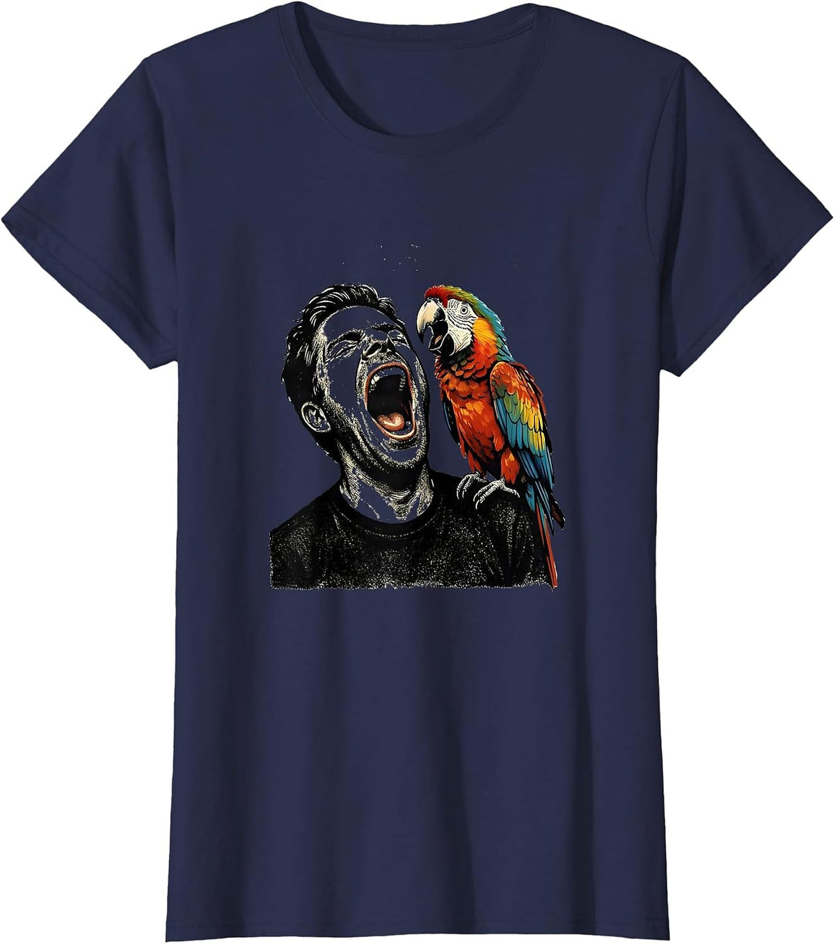 Women's Funny Parrot Mimicking Yawning Man on Shoulder T-Shirt - Navy Blue