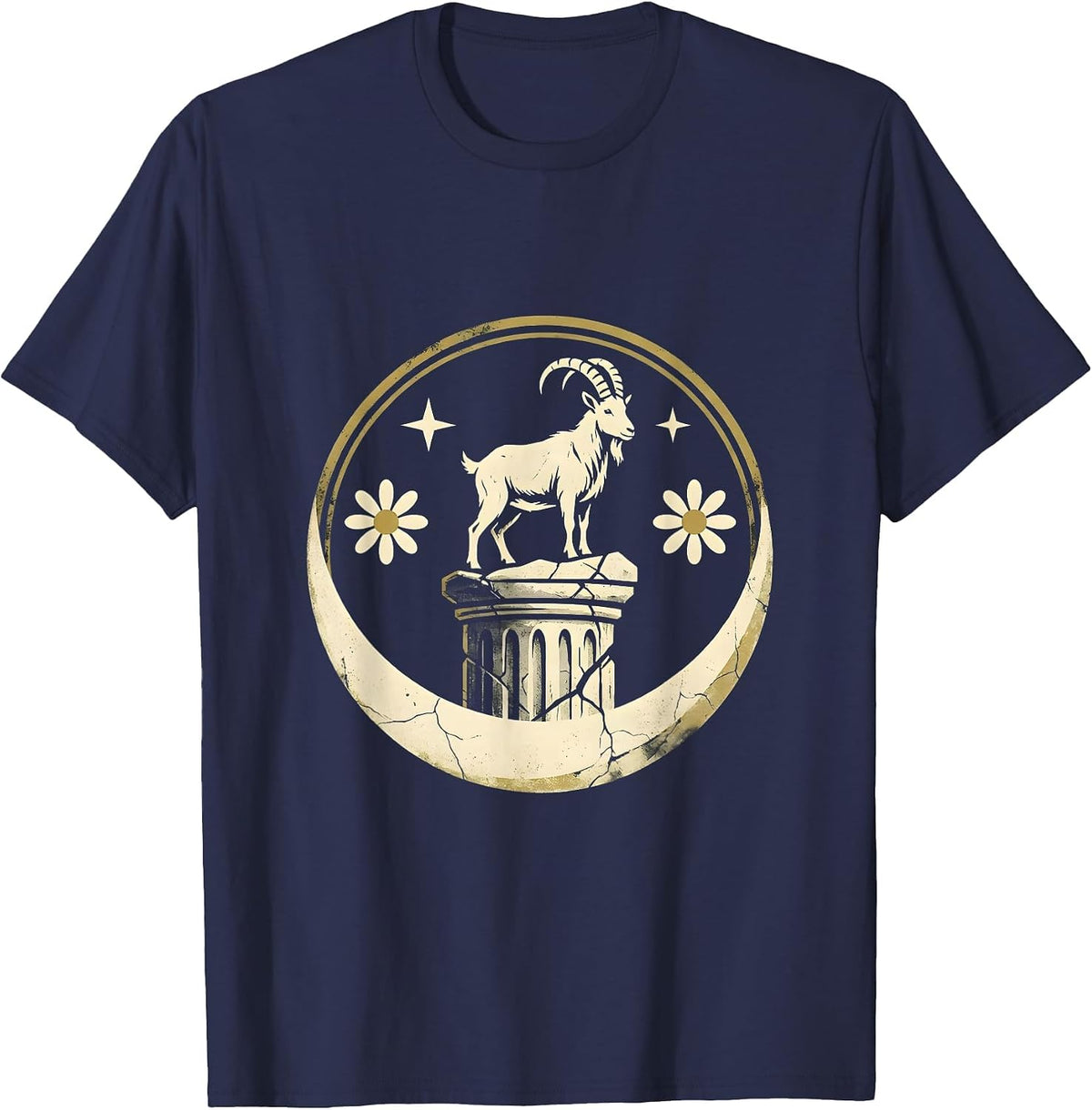Capricorn Lone Goat Ancient Pillar Zodiac Art T-Shirt - Navy Blue