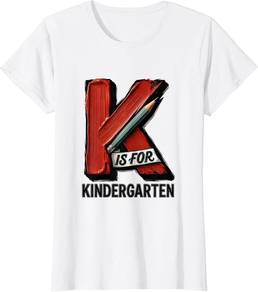 Women's K Is For Kindergarten Teacher Cheerful Back To School T-Shirt - White