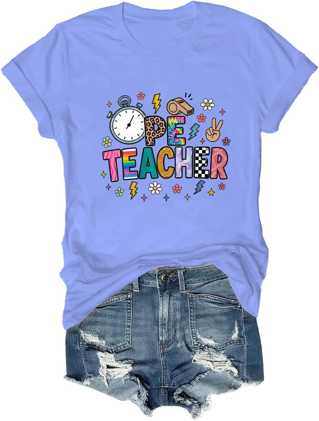 PE Teacher Shirt, Colorful Physical Education Tee, Retro PE Teacher Casual Back to School T-Shirt - Crewneck Carolina Blue