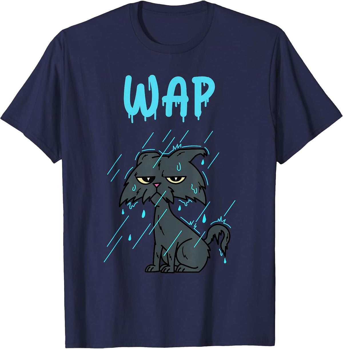 Wet Cat – WAP – with Kitty in The Rain T-Shirt - Navy Blue