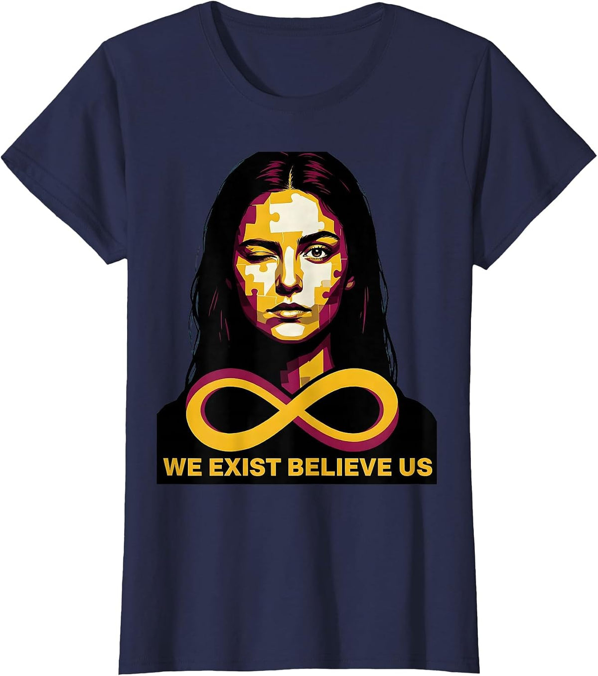 Women's We Exist Believe Us Autism Awareness Design T-Shirt - Navy Blue