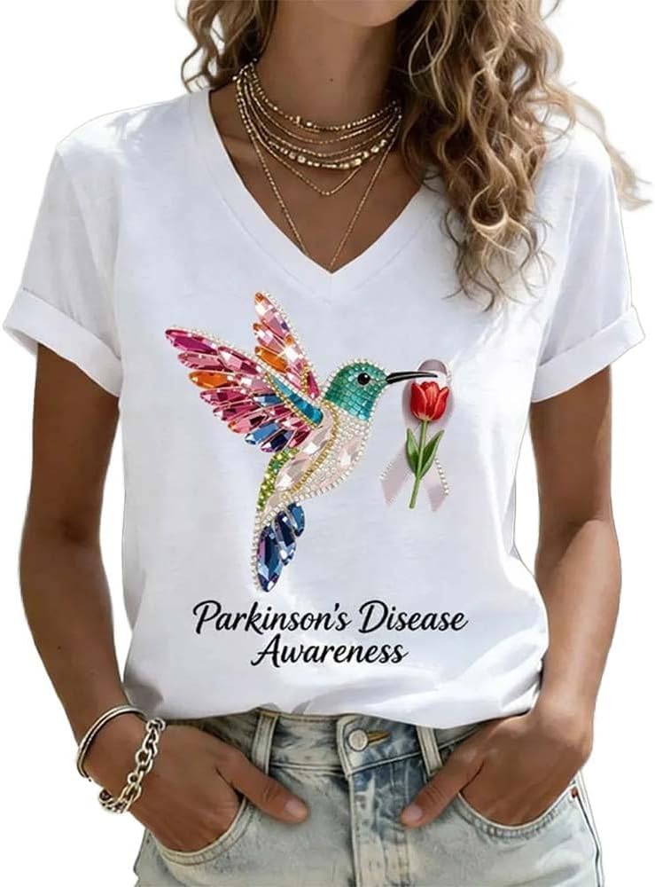 Women's Parkinson's Disease Awareness Print V Neck T-Shirt Hummingbird Red Tulip Ribbon Shirt Parkinson's T - White