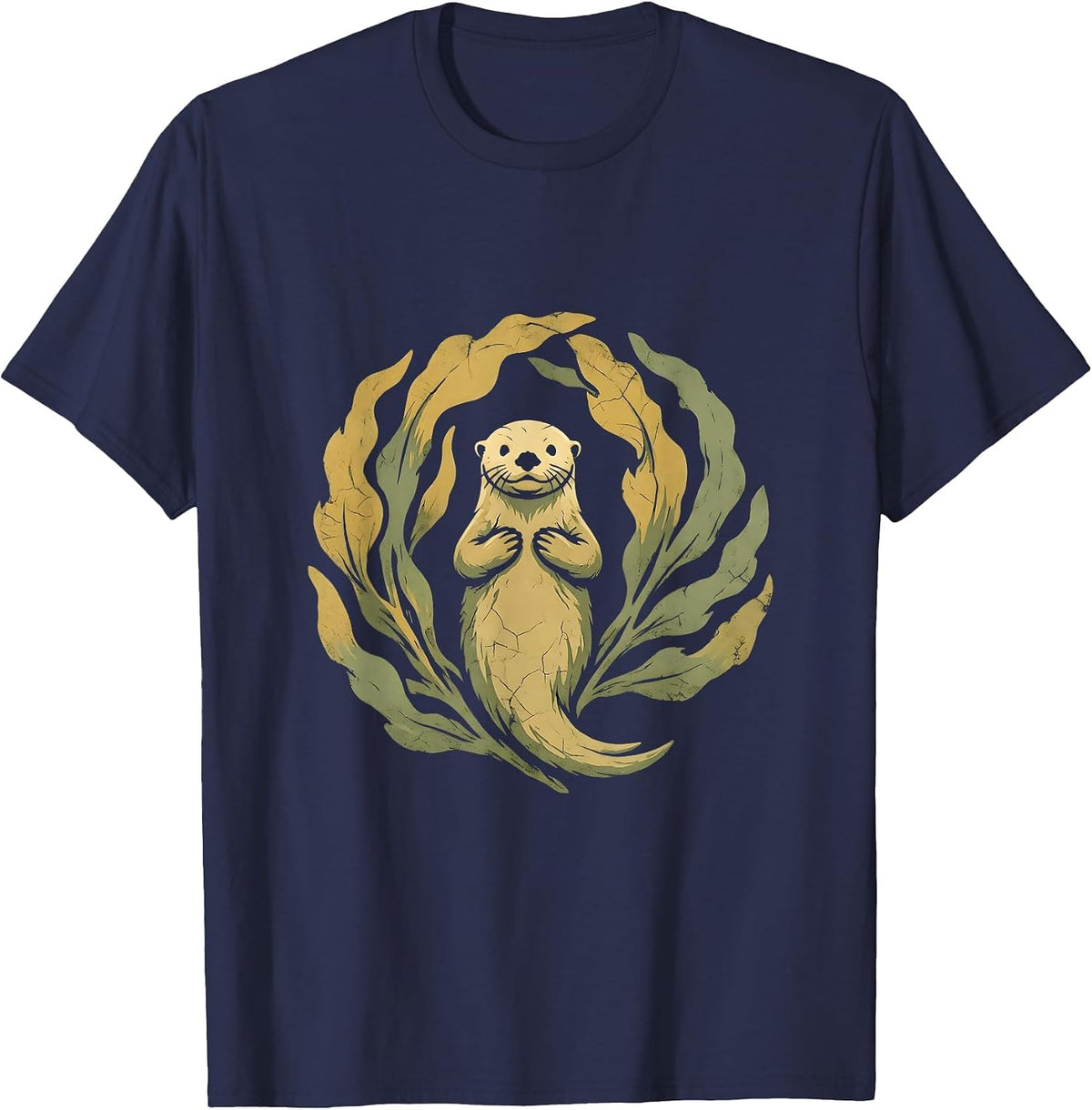 California Sea Otter Floating on Kelp Bed T-Shirt - Navy Blue