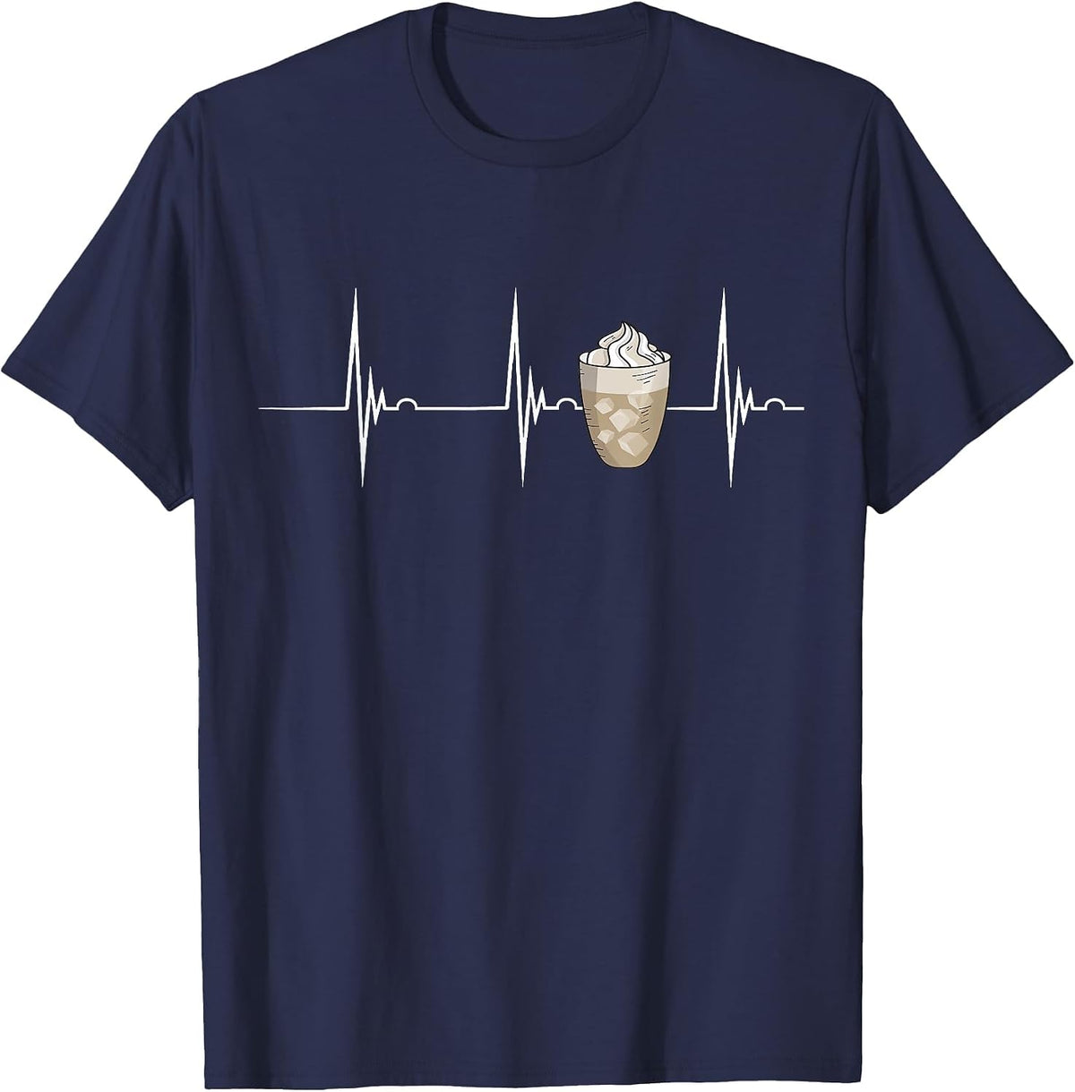 Iced Coffee Lover Heartbeat EKG Pulse Coffee Cup Cappuccino T-Shirt - Navy Blue