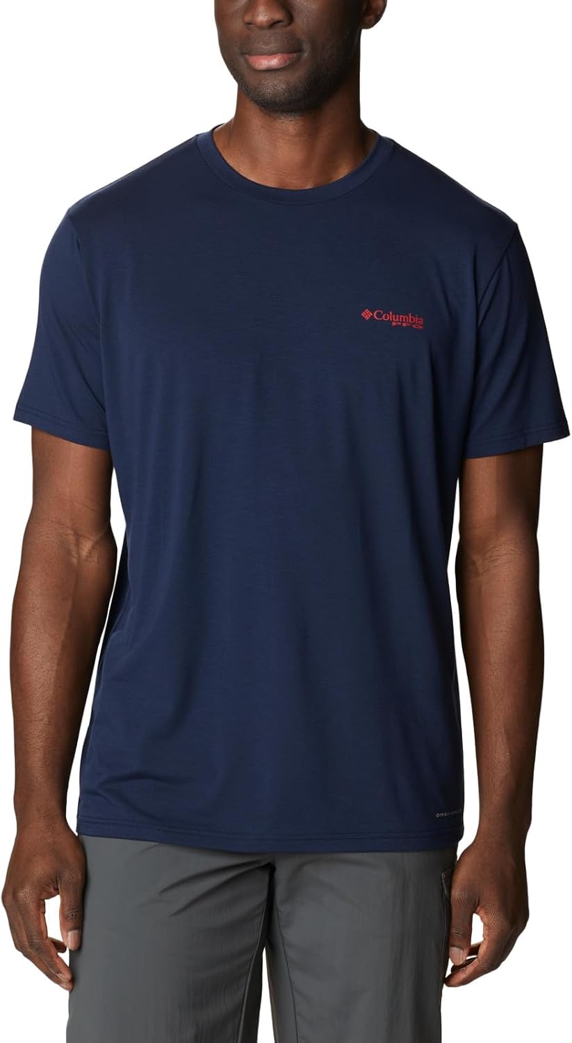 Columbia Mens PFG Tarpon Rise Tech Tee Short Sleeve - Collegiate Navy, Red Spark Gradient
