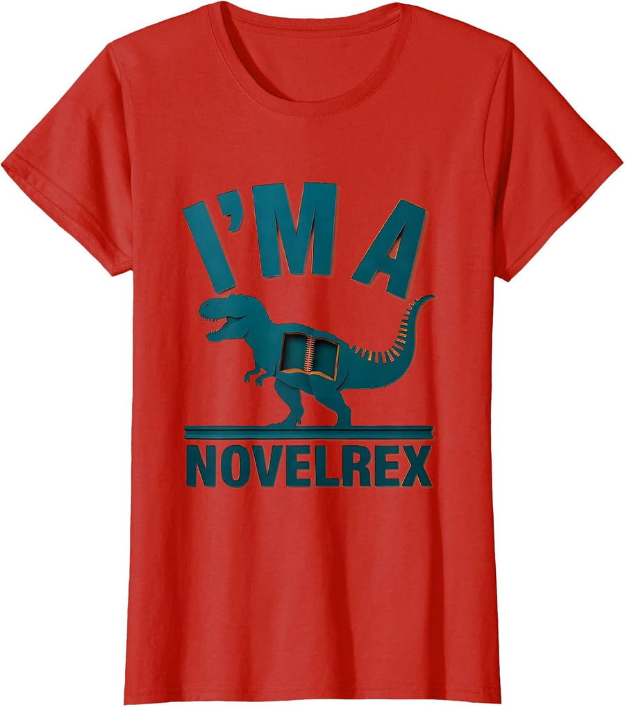 Women's I'm a Novelrex Paper Cutout Dinosaur Bookworm Summer Reading T-Shirt - Red