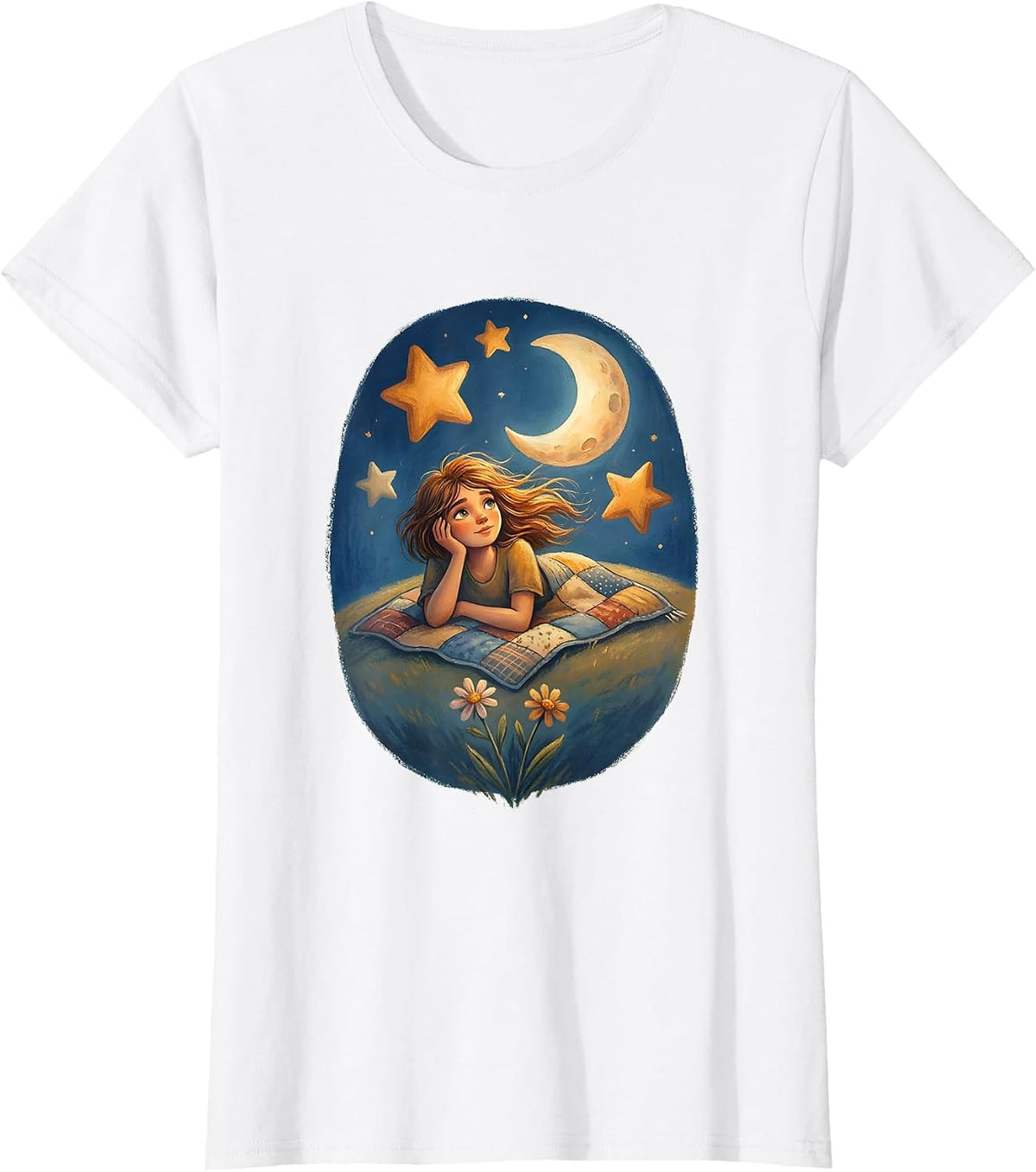 Sally Stargazing Hilltop Night Sky Illustration T-Shirt - White