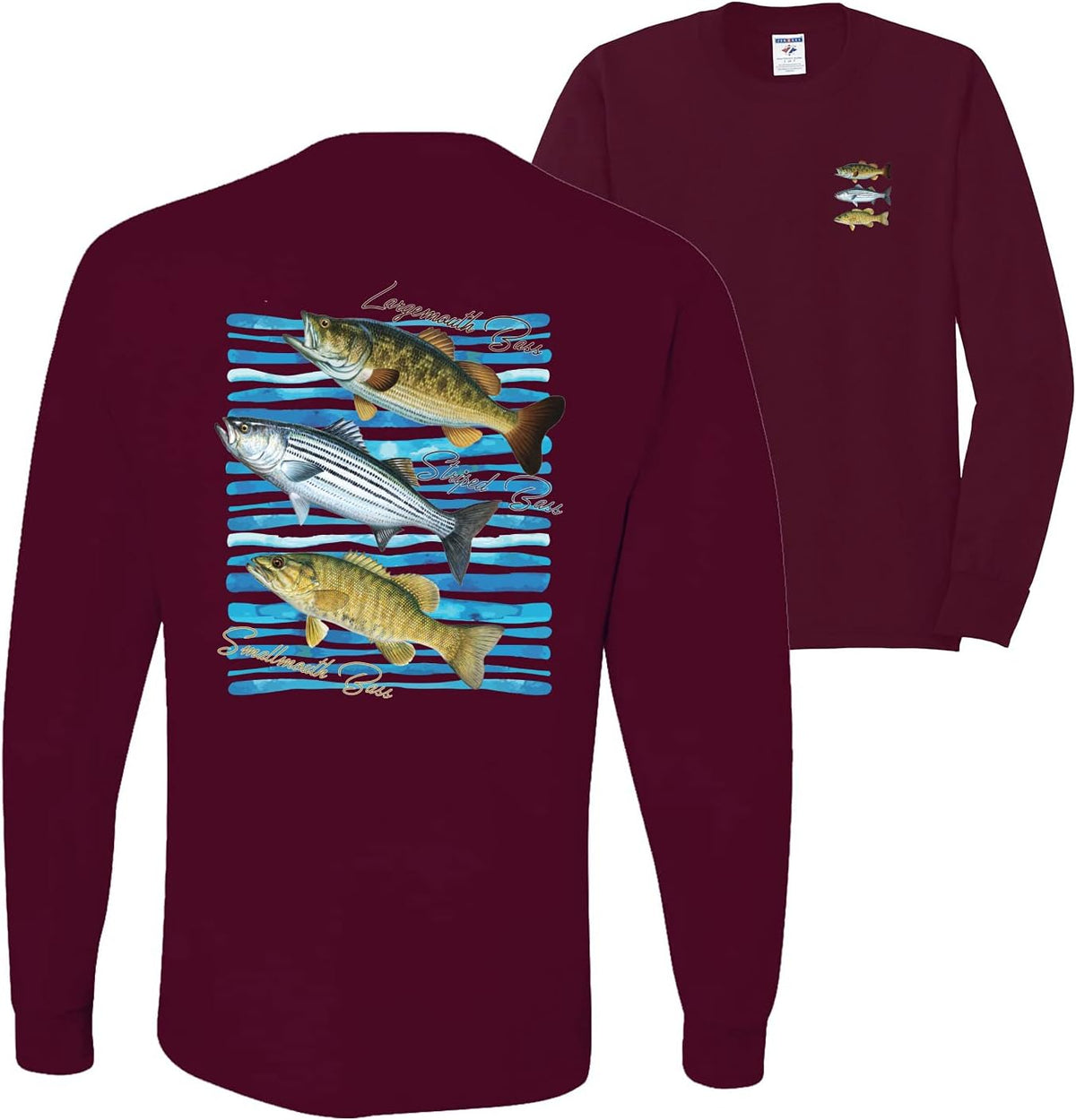Largemouth Striped Smallmouth Big Bass Fish Fishing Front and Back Mens Long Sleeve Shirt - Maroon