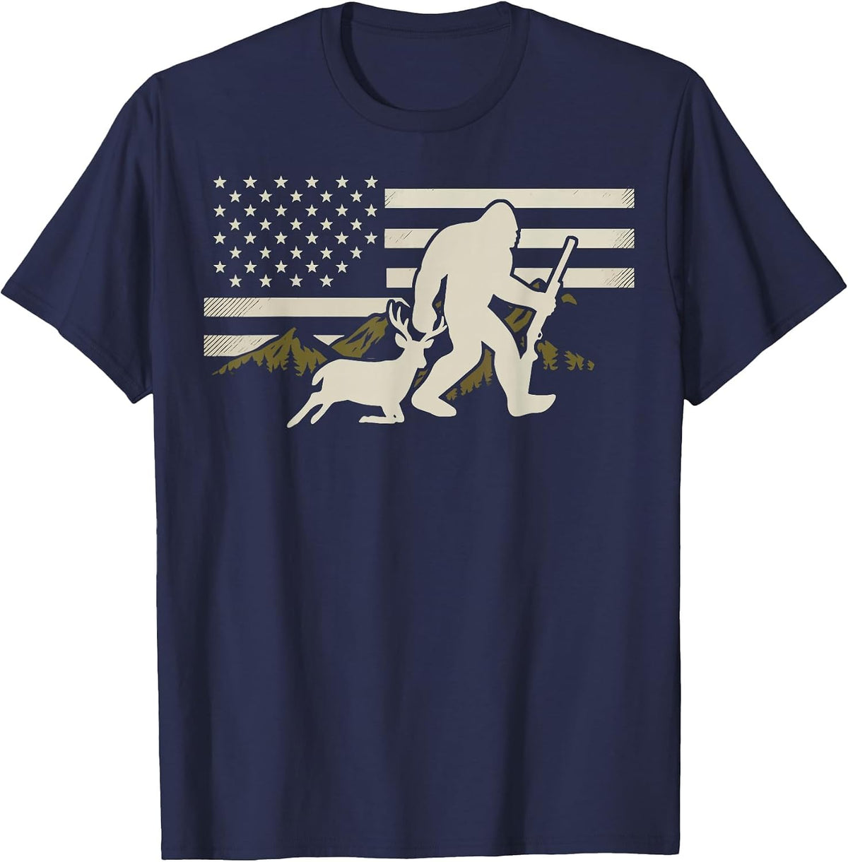 Bigfoot Deer Hunting USA Flag Deer Hunting Buck Season T-Shirt - Navy Blue
