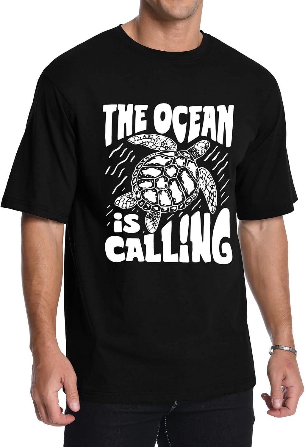 Aiyino Unisex Sea Turtle The Ocean is Calling 100% Cotton Graphic Tee - Black
