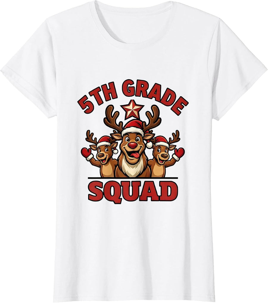 Women's 5th Grade Squad Funny Teacher Christmas Reindeer Mascot T-Shirt - White