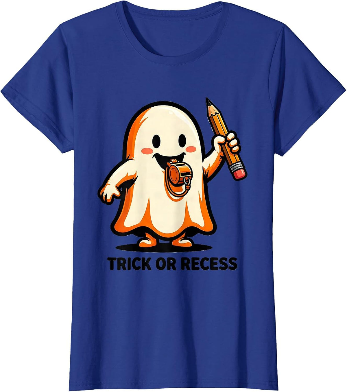 Women's Trick Or Recess Cartoon Ghost Halloween Teacher Costume T-Shirt - Royal Blue