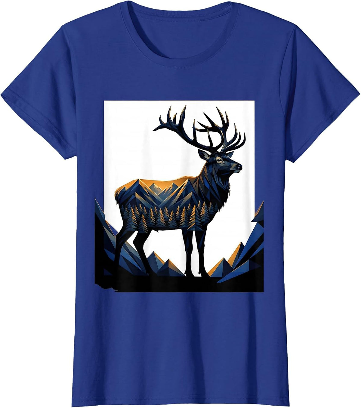 Women's Elk Profile Geometric Mountain Hunting Outdoor Enthusiast T-Shirt - Royal Blue