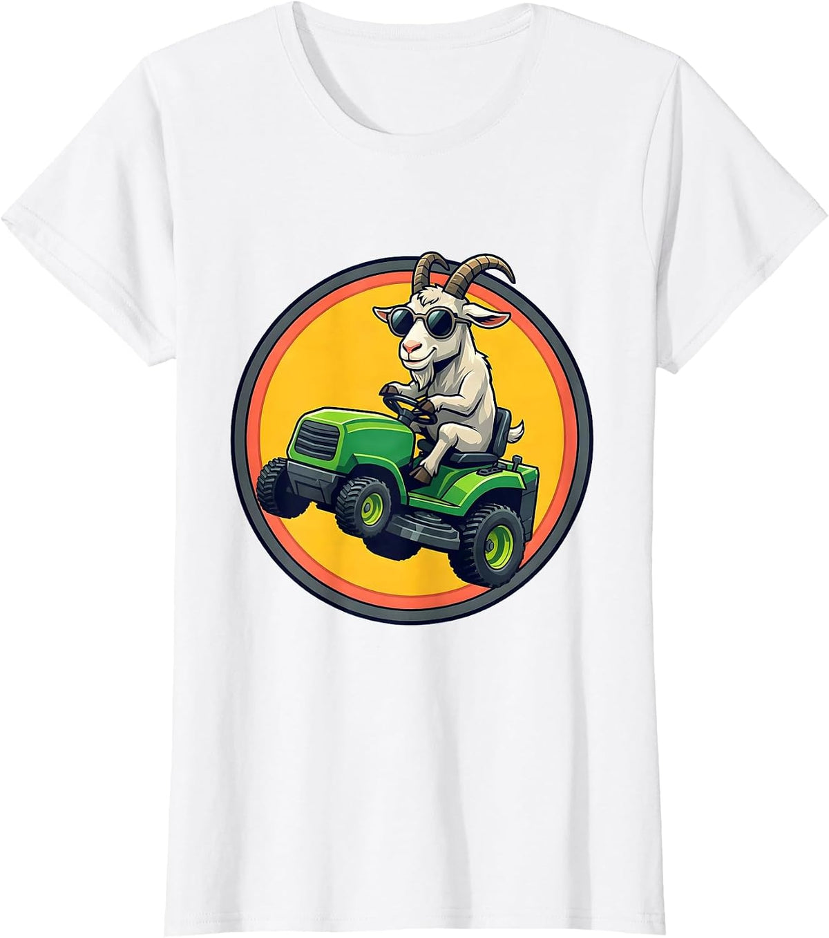 Women's Goat Wearing Sunglasses Riding a Lawnmower T-Shirt - White