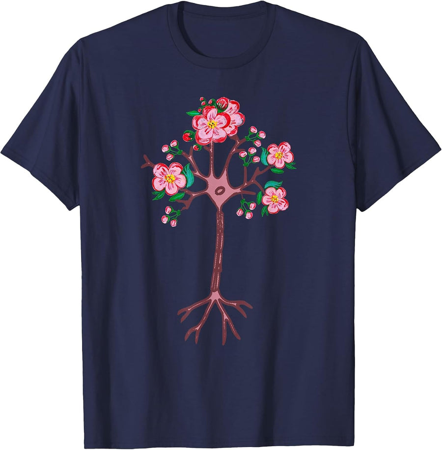 Neuron Brain Nerve Cell Flowers Tree Art Neuroscience T-Shirt - Navy Blue