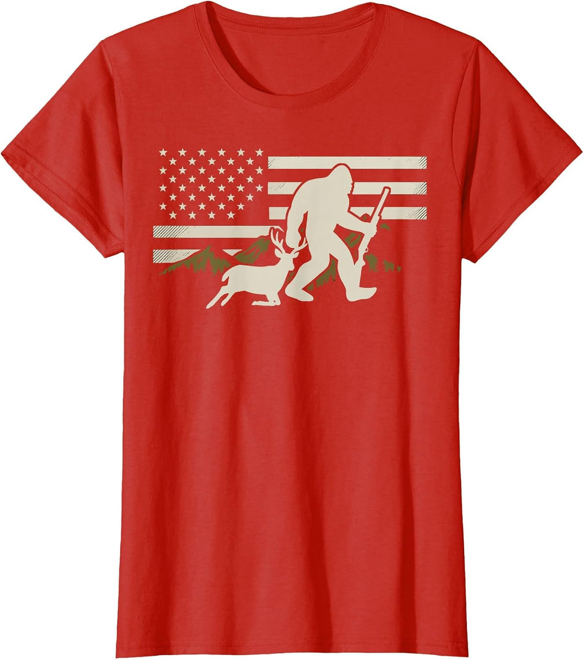 Bigfoot Deer Hunting USA Flag Deer Hunting Buck Season T-Shirt - Red