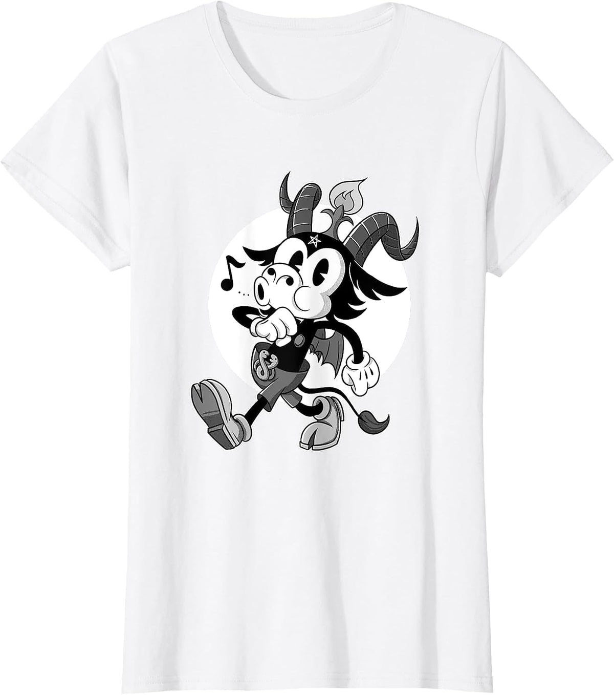 Atheist Satan Baphomet Goat Retro Cartoon Black and White T-Shirt - White
