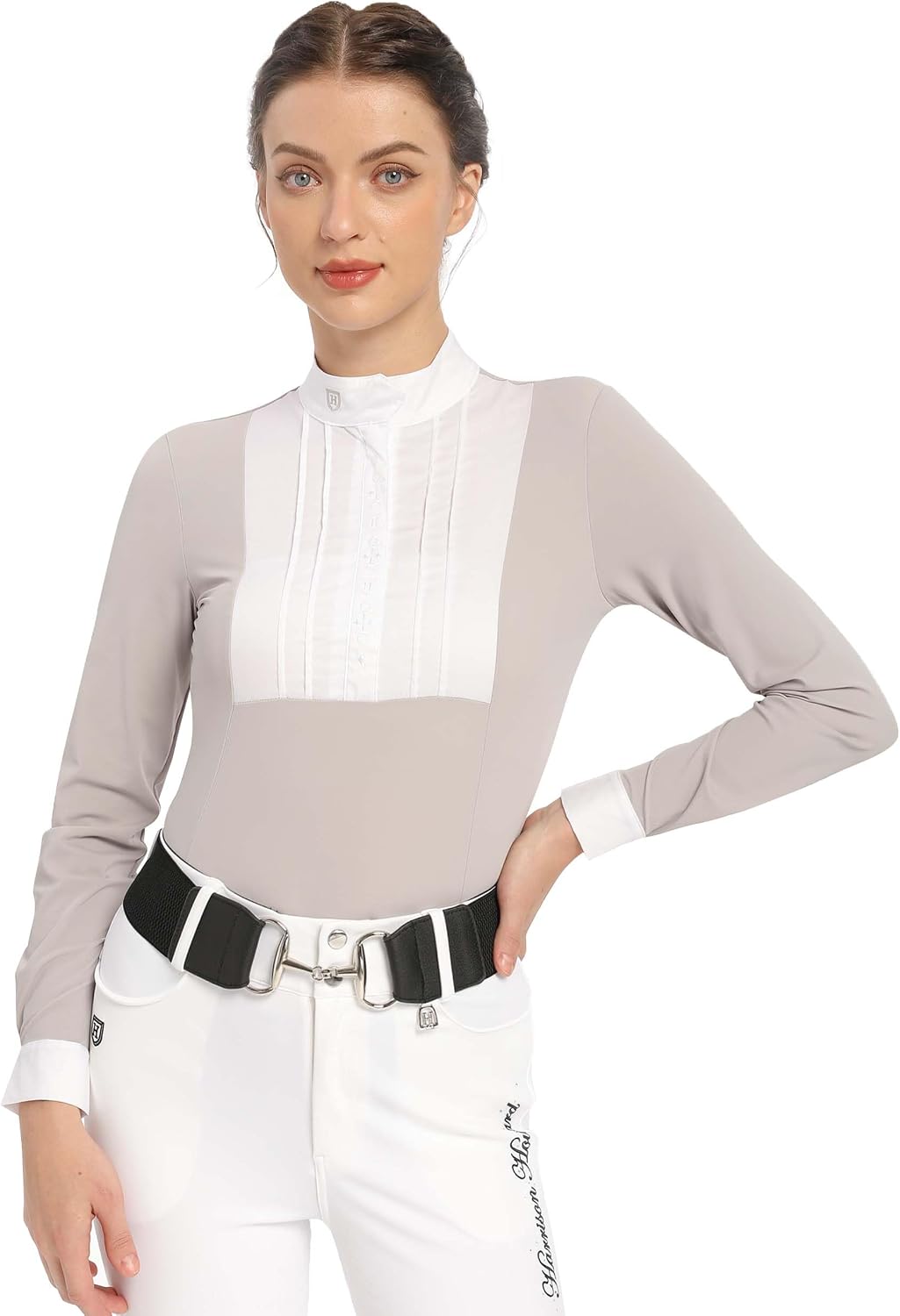Harrison Howard Women's Equestrian Show Shirt, Long Sleeve Horse Riding Top - Grey