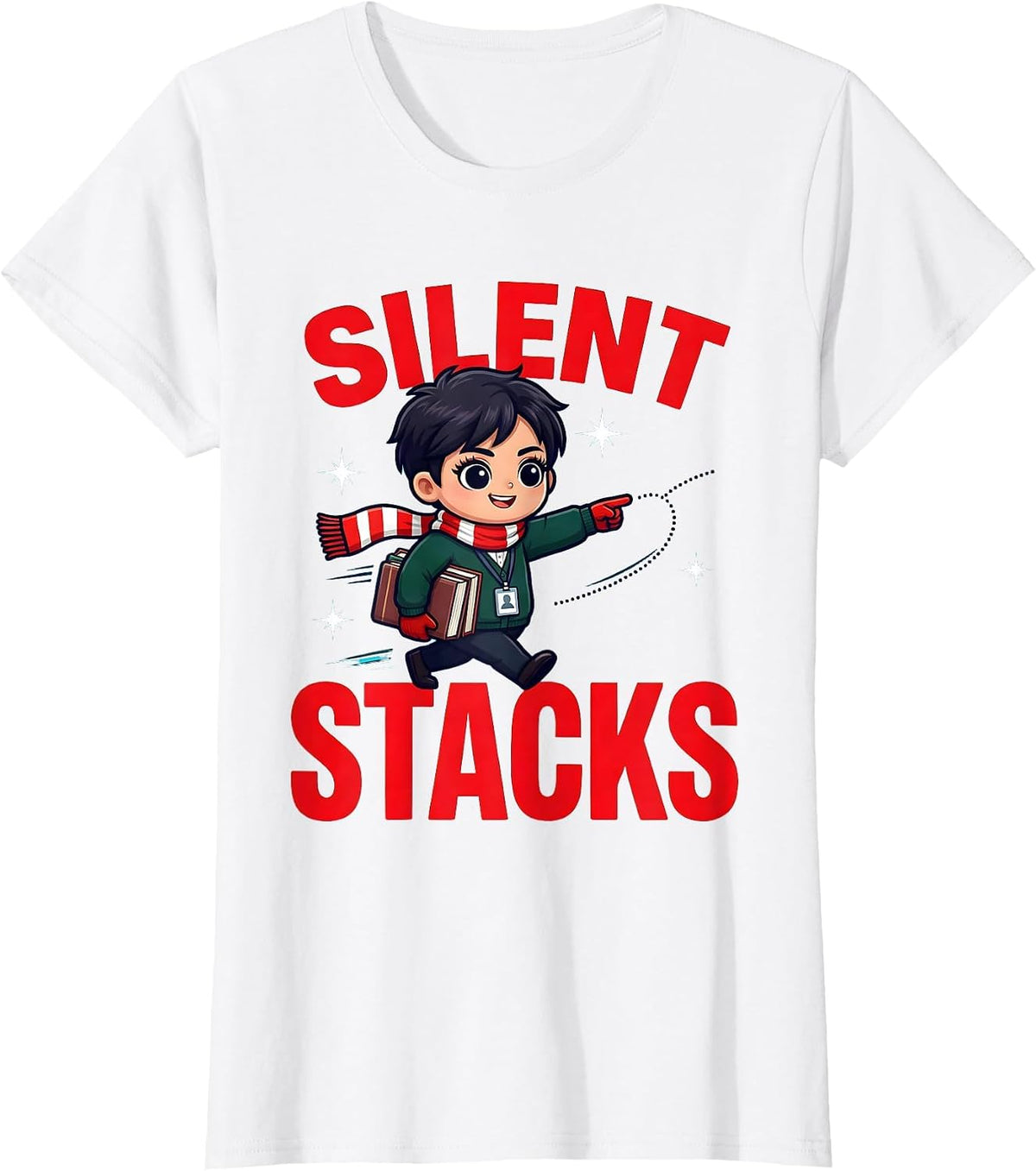 Women's SILENT STACKS Funny School Librarian Christmas T-Shirt - White