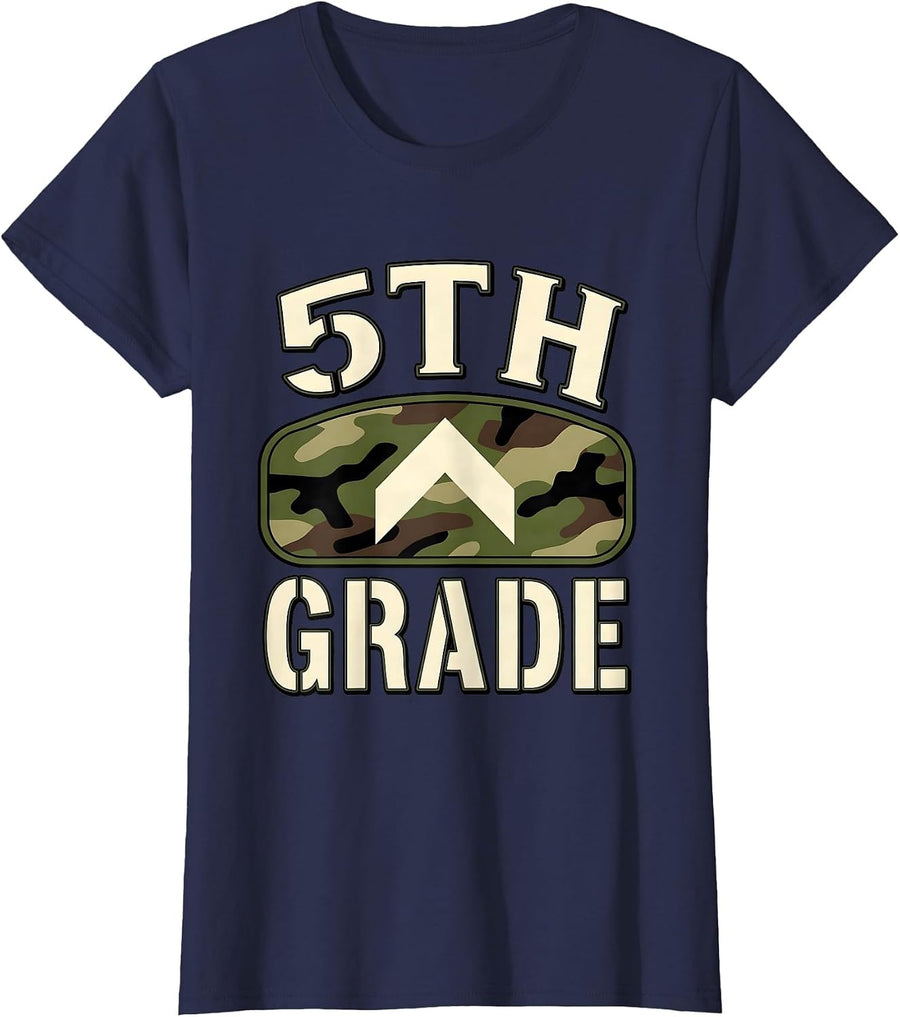 Women's 5th Grade Camo Back To School Boy Teacher Stencil T-Shirt - Navy Blue