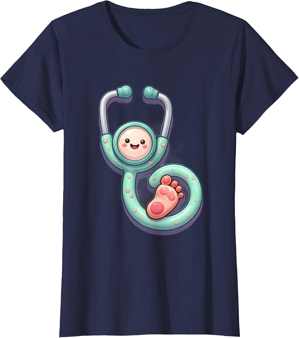 Women's NICU Nurse Stethoscope Baby Footprint Illustration T-Shirt - Navy Blue