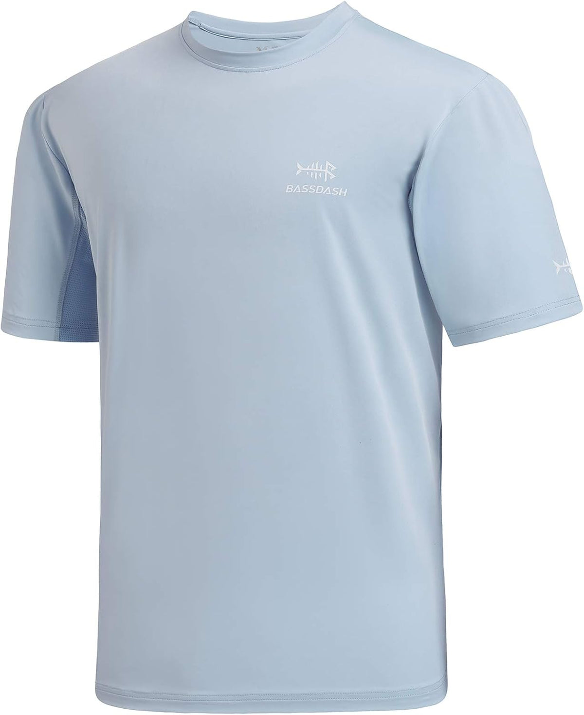 BASSDASH Men’s UPF 50+ Sun Protection Fishing Shirt Short Sleeve UV T-Shirt - Light Steel Blue\/White Logo