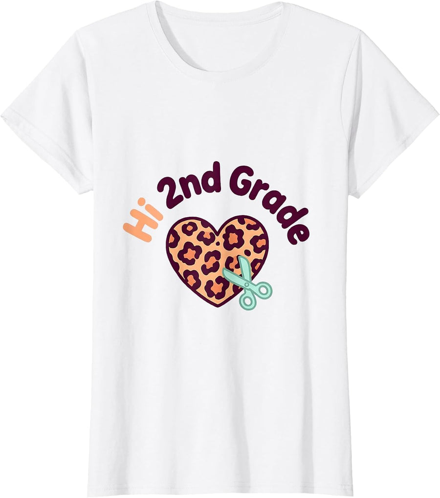 Women's Hi 2nd Grade Cute Kawaii Leopard Heart Back To School T-Shirt - White
