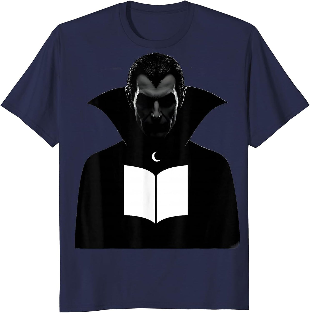 Men's Caped Vampire Bookworm Silhouette Halloween Reader Gift T-Shirt - Navy Blue