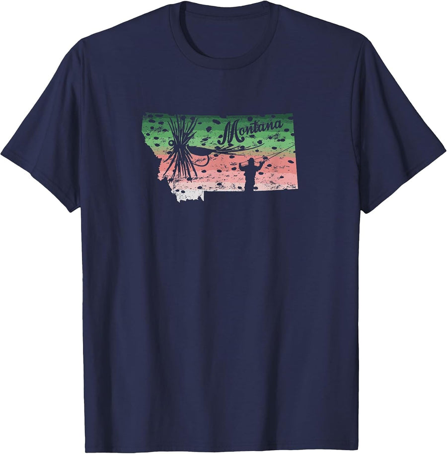 Vintage Big Fly Rainbow Trout Montana Map Fly Fishing T-Shirt - Navy Blue