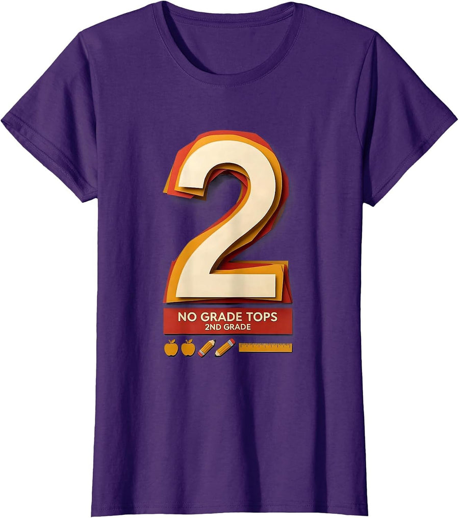Women's No Grade Tops 2nd Grade Funny Teacher Back To School Crew T-Shirt - Purple