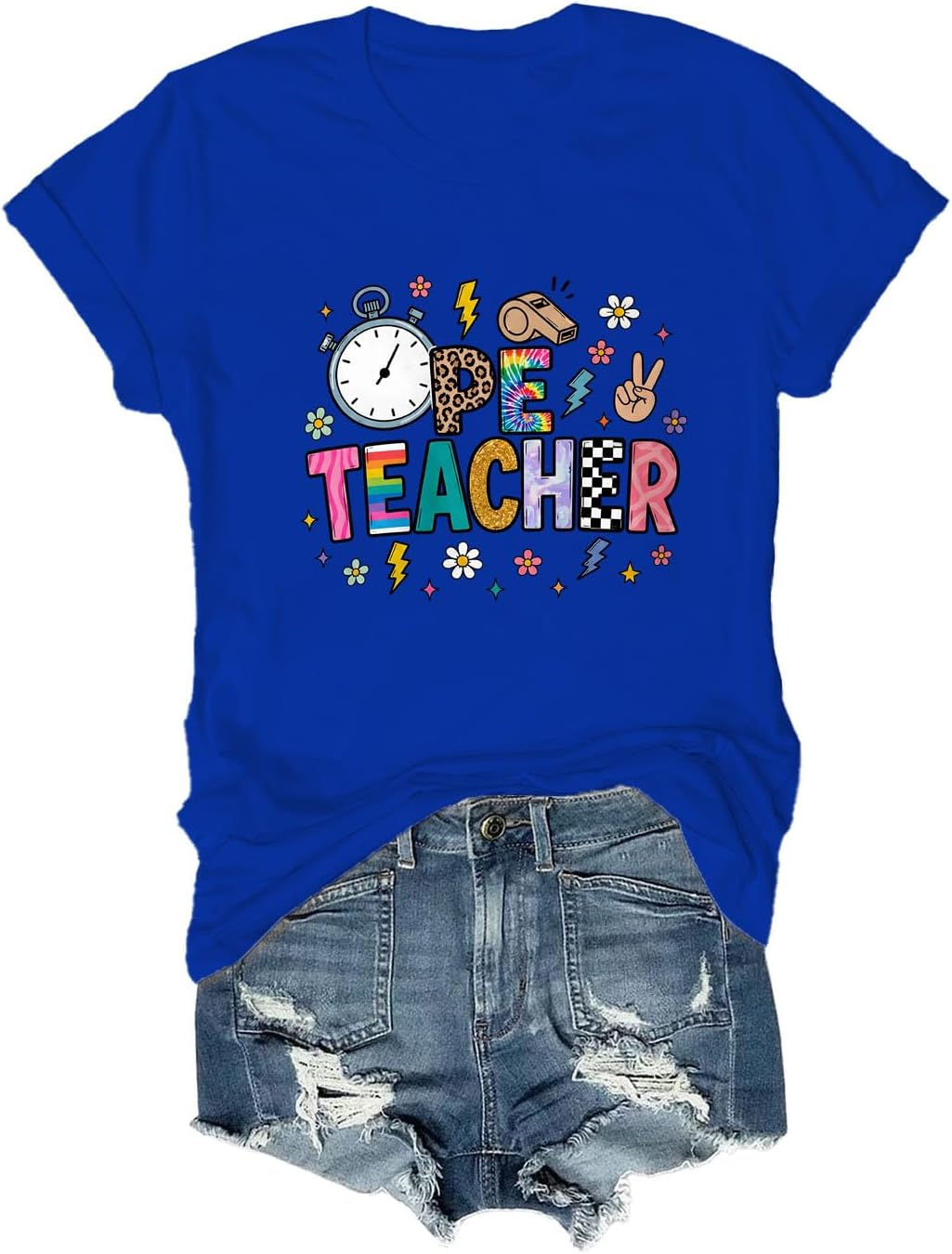 PE Teacher Shirt, Colorful Physical Education Tee, Retro PE Teacher Casual Back to School T-Shirt - Crewneck Sapphire Blue
