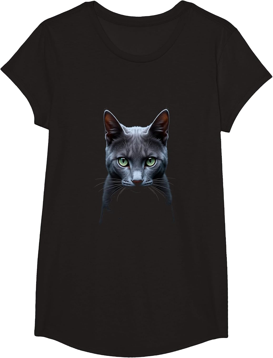 Russian Blue Cat Realistic Face Art Black T-Shirt - Girls Black
