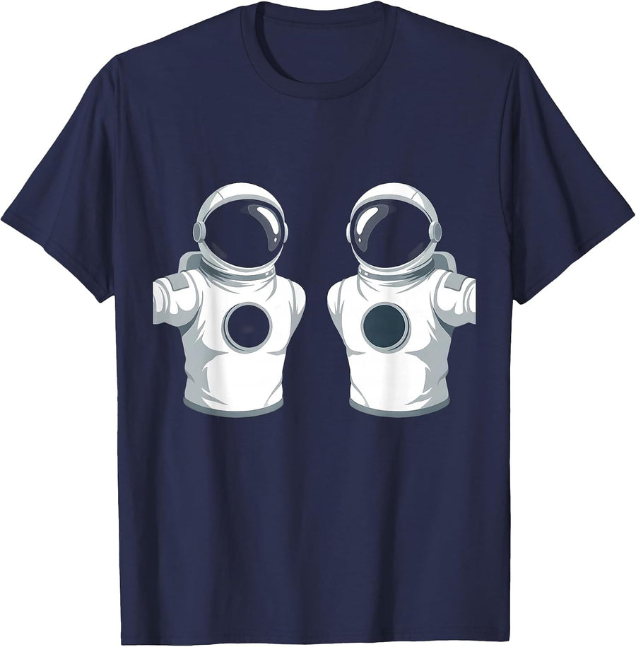 Twin Astronauts Floating in Space Graphic T-Shirt - Navy Blue