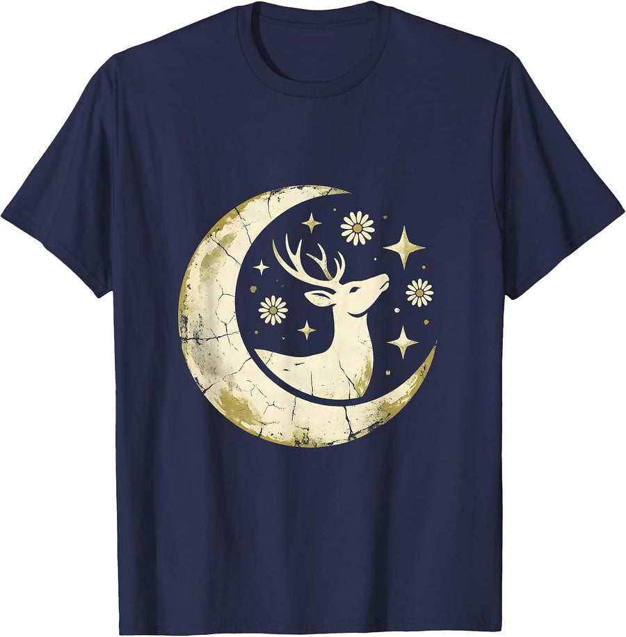 Deer Gazing at Meteor Shower Night Sky Design T-Shirt - Navy Blue