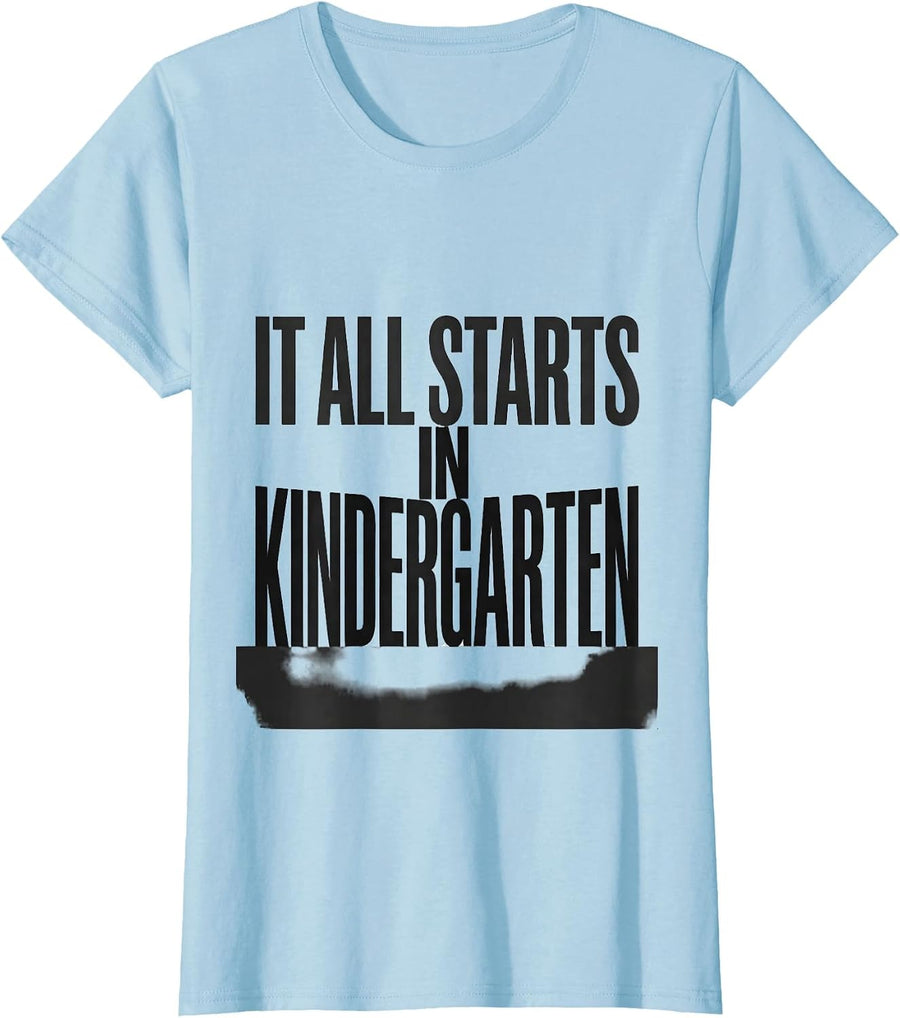 Women's It All Starts In Kindergarten Minimalist Teacher Back T-Shirt - Baby Blue