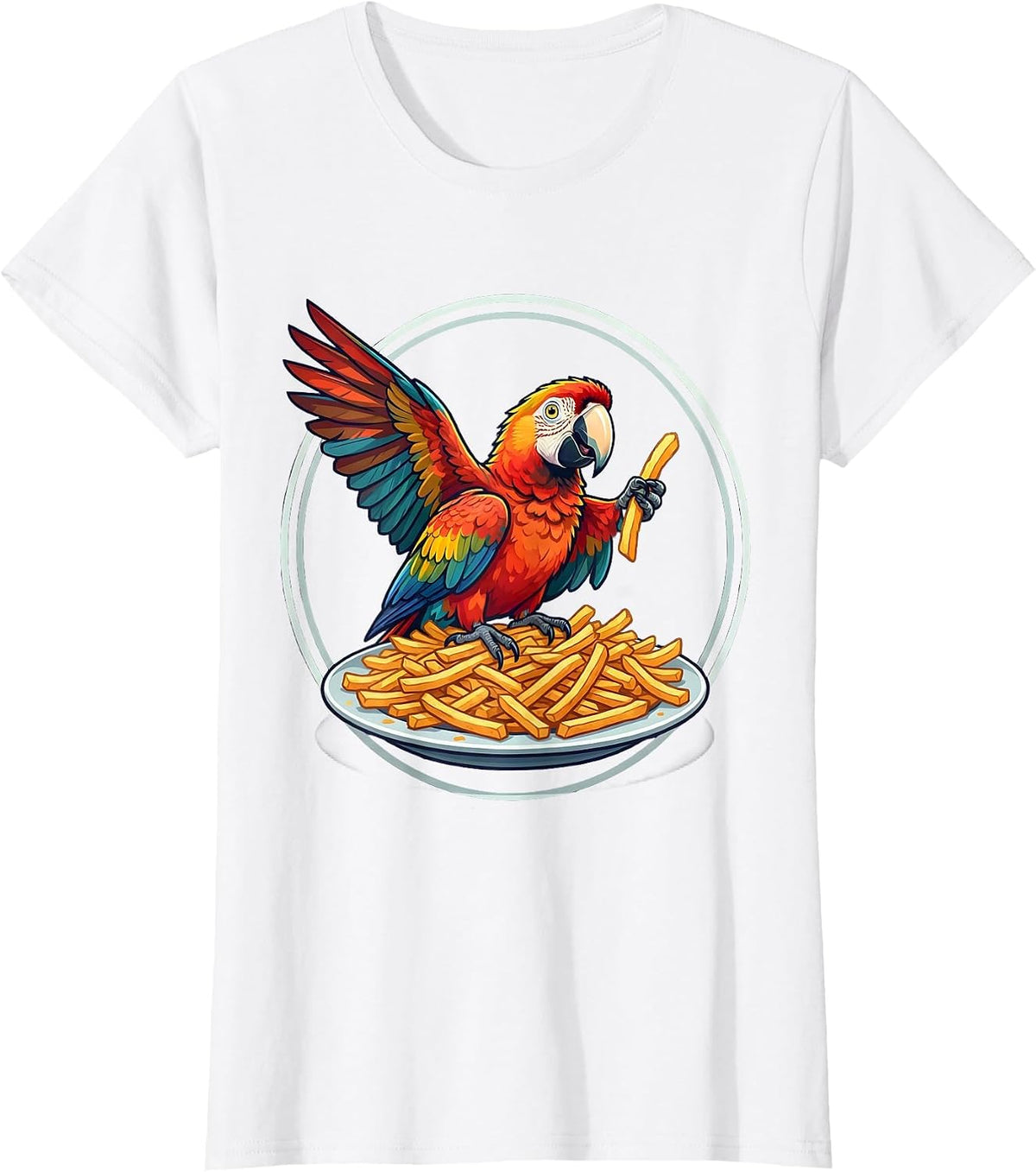 Women's Sneaky Parrot Stealing French Fries Funny Design T-Shirt - White