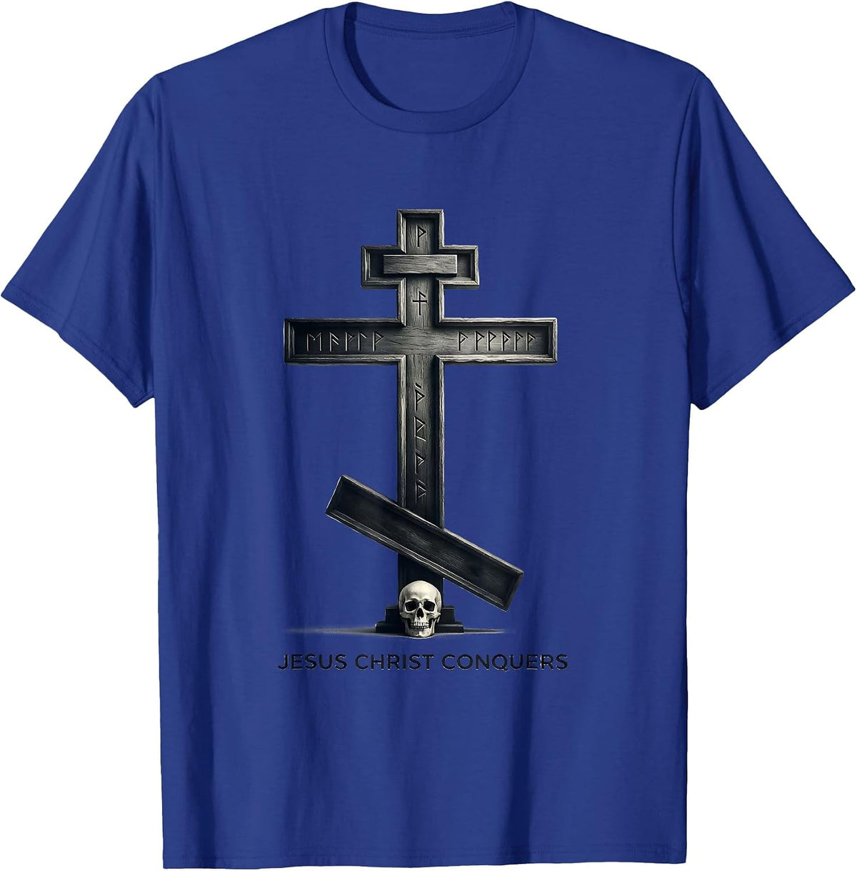 Men's Jesus Christ Conquers Monochromatic Orthodox Cross Russian T-Shirt - Royal Blue