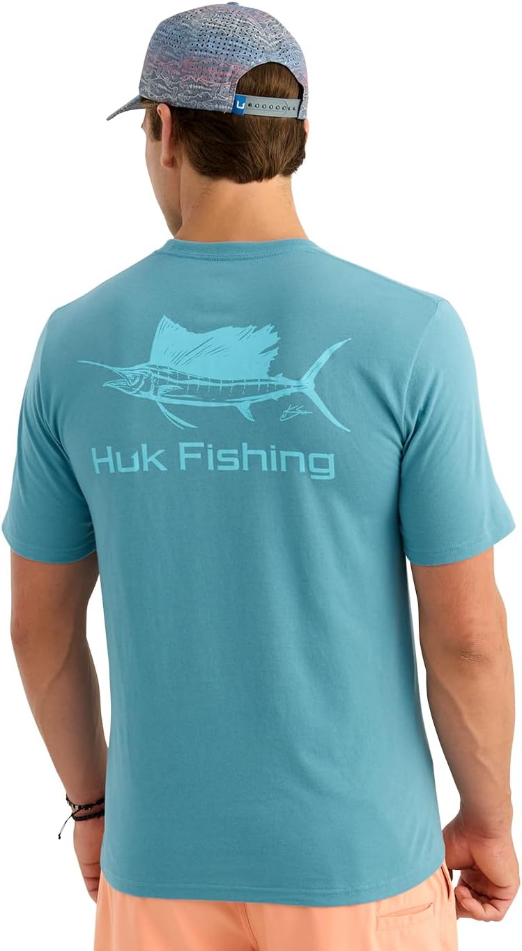 HUK KC Scott Pocket Tee, Comfortable Performance Fishing Long Sleeve T-Shirt with Chest Pocket, One Hit - Aqua Haze,