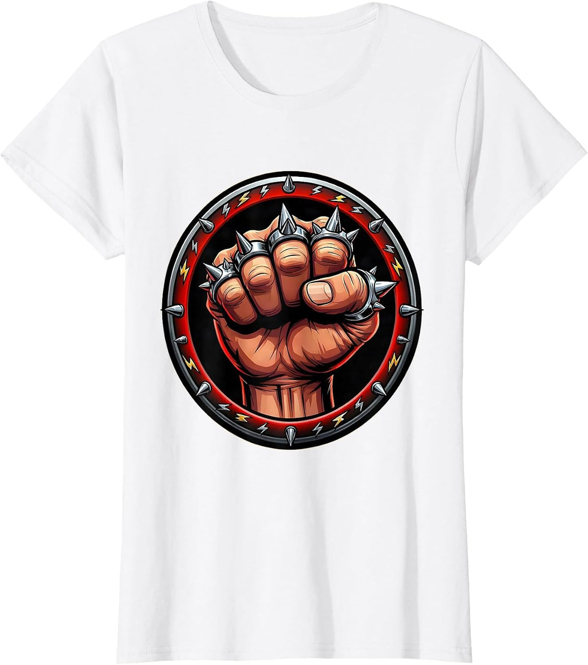 Women's Punk Rock Spiked Knuckle Rings Clenched Fist T-Shirt - White