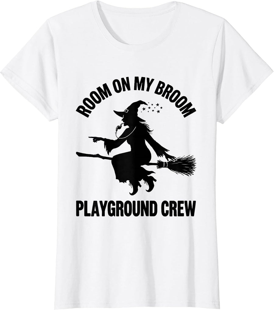 Women's Room On My Broom Playground Crew Funny Halloween Teacher T-Shirt - White