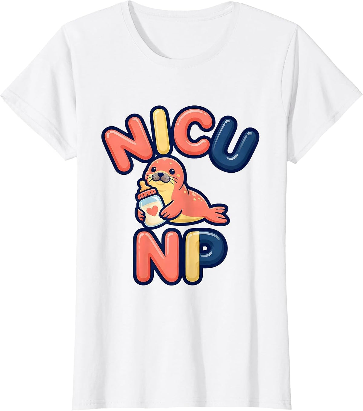 NICU NP Cute Animal Bubble-Letter Pediatric Nurse T-Shirt - White