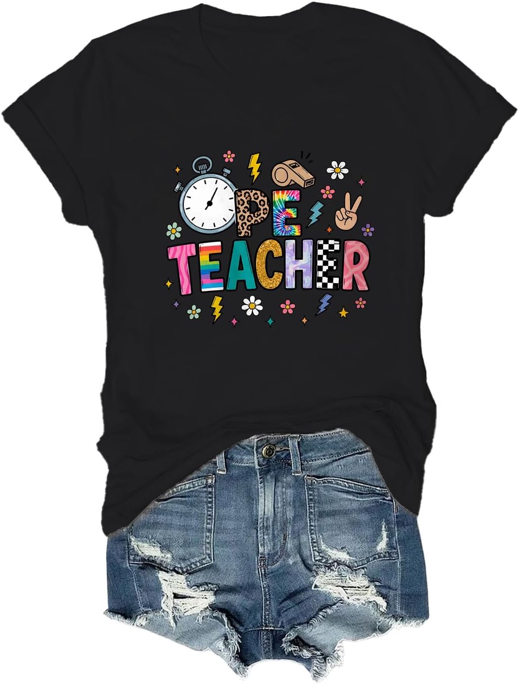 PE Teacher Shirt, Colorful Physical Education Tee, Retro PE Teacher Casual Back to School T-Shirt - Crewneck Black