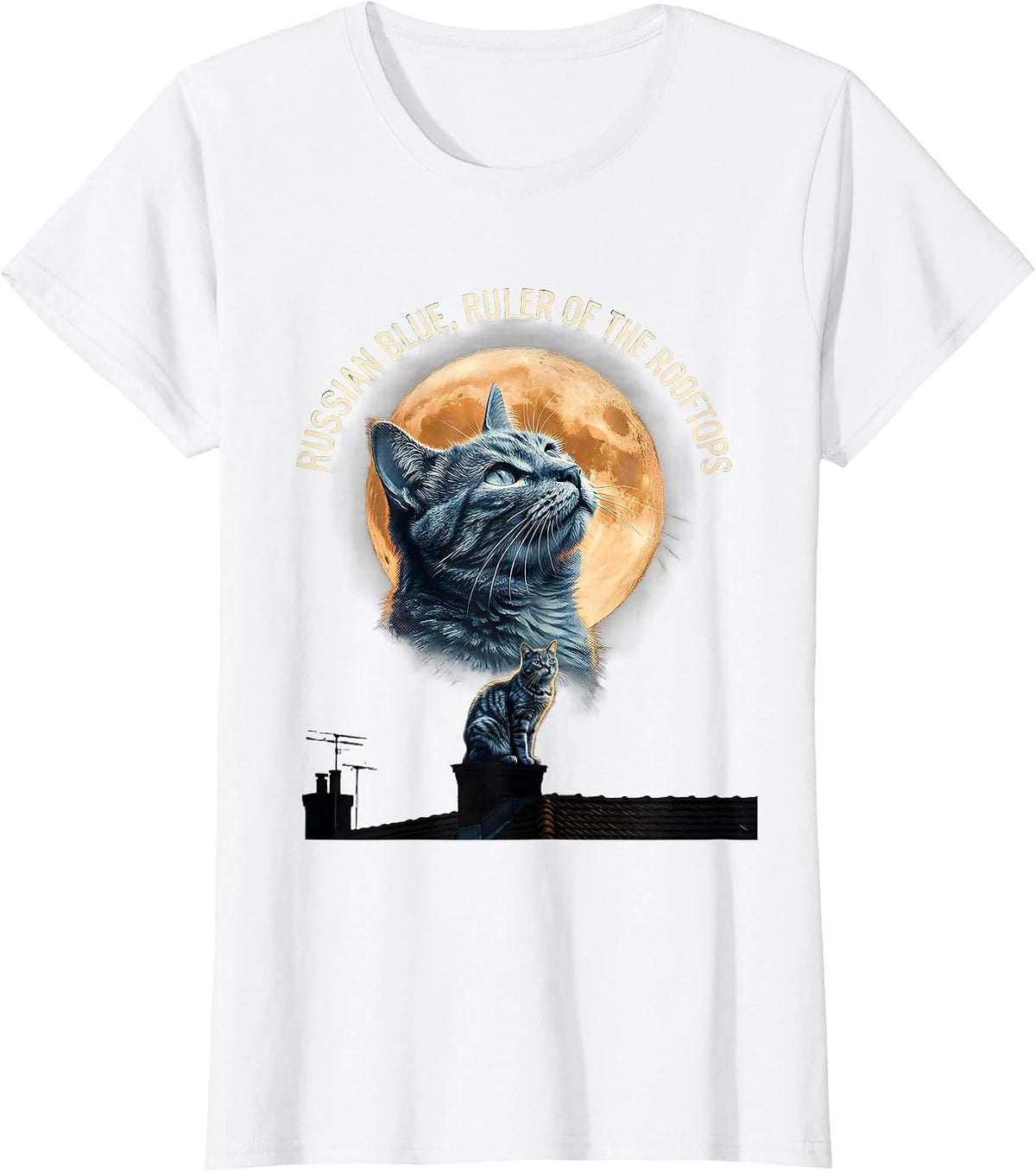 Russian Blue Ruler of the Rooftops 90s Retro Cat Art T-Shirt - White