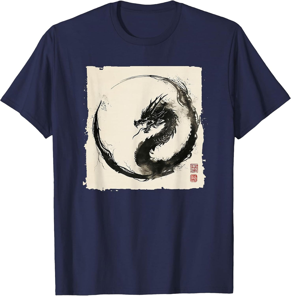 Eastern Dragon Majesty: Vintage Ink Art Collection T-Shirt - Navy Blue
