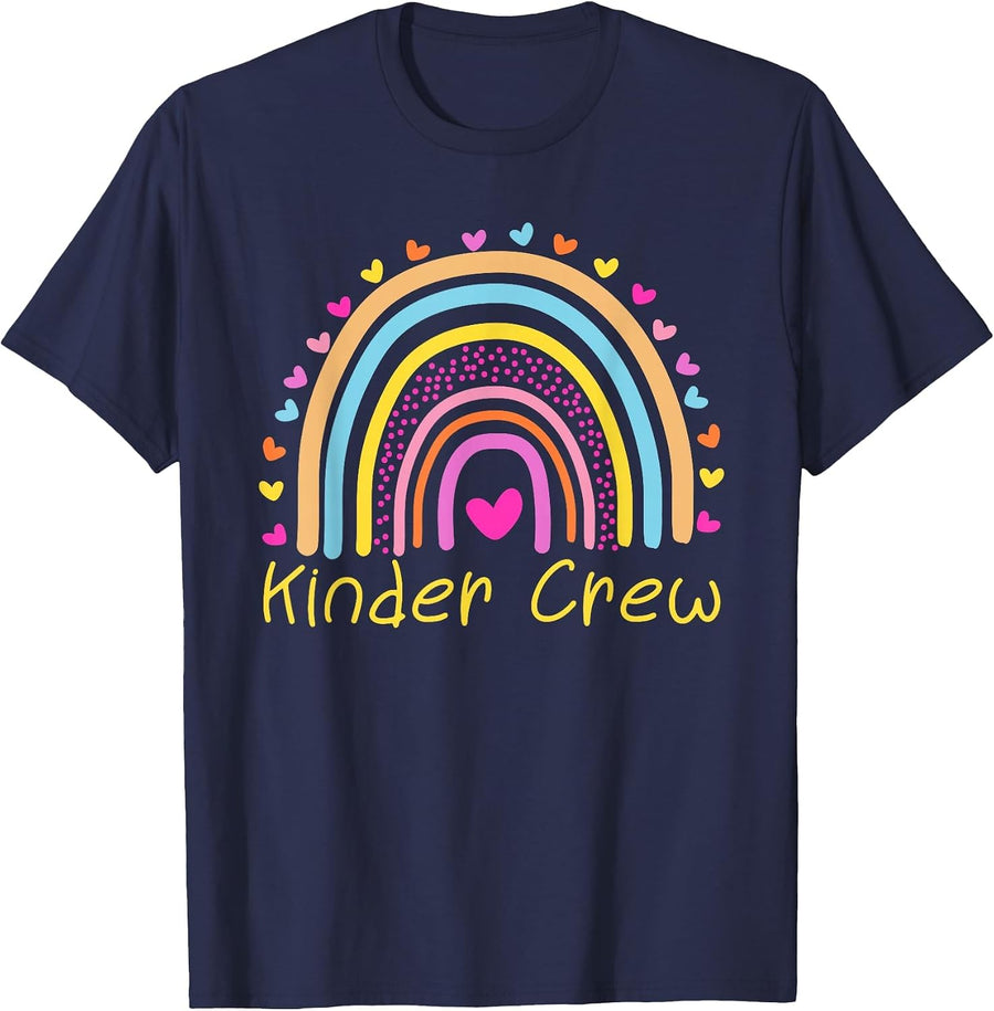 Kinder Crew Kindergarten Teacher Rainbow Heart T-Shirt - Navy Blue